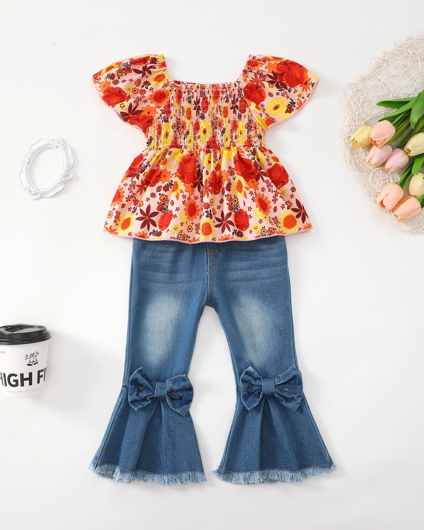 Baby Girl Clothes Toddler Girl Outfits Kids Puff Sleeve Shirt Top Flare Denim Pants Jeans Clothing for Little Girls
