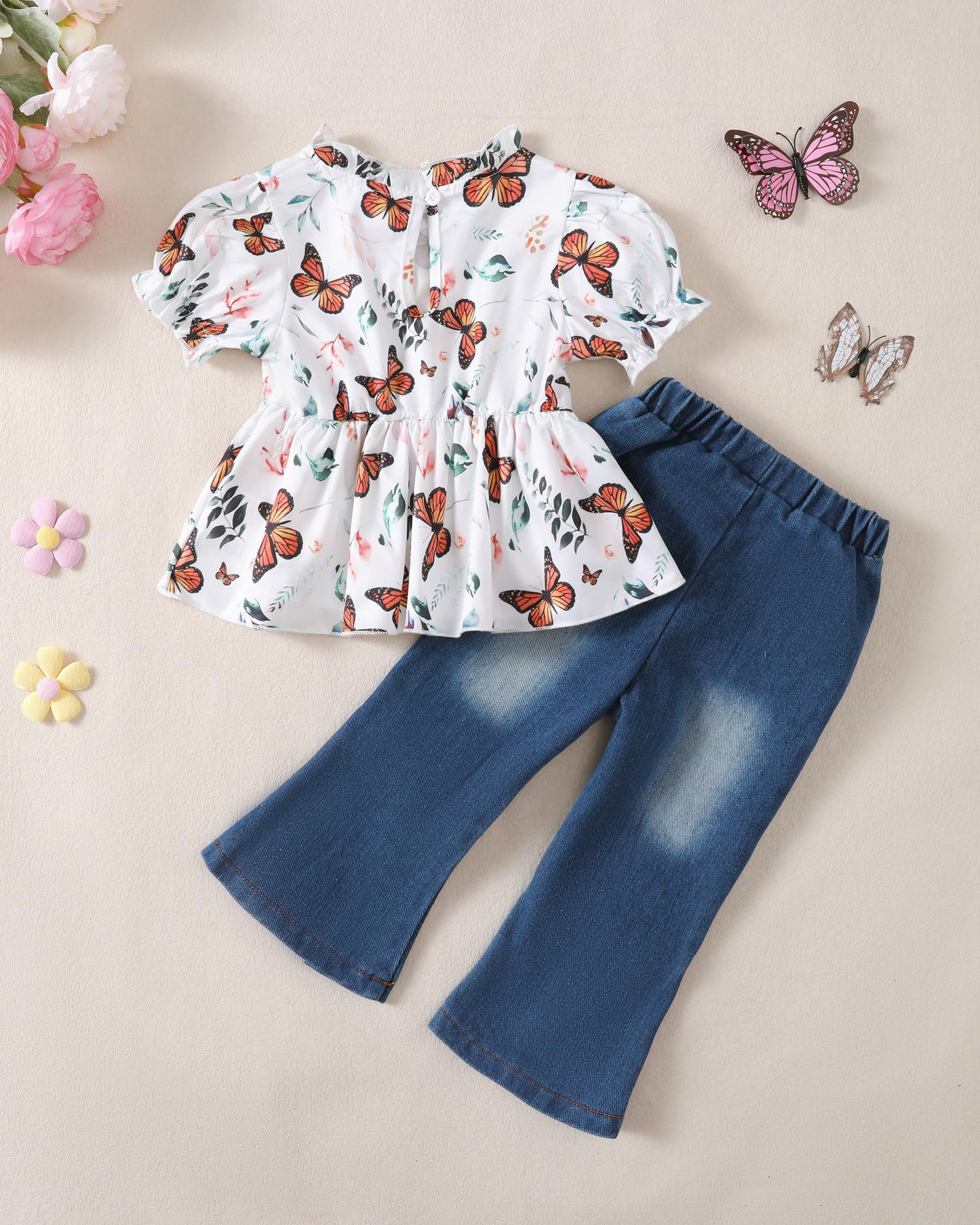 Baby Girl Clothes Toddler Girl Outfits Kids Puff Sleeve Shirt Top Flare Denim Pants Jeans Clothing for Little Girls