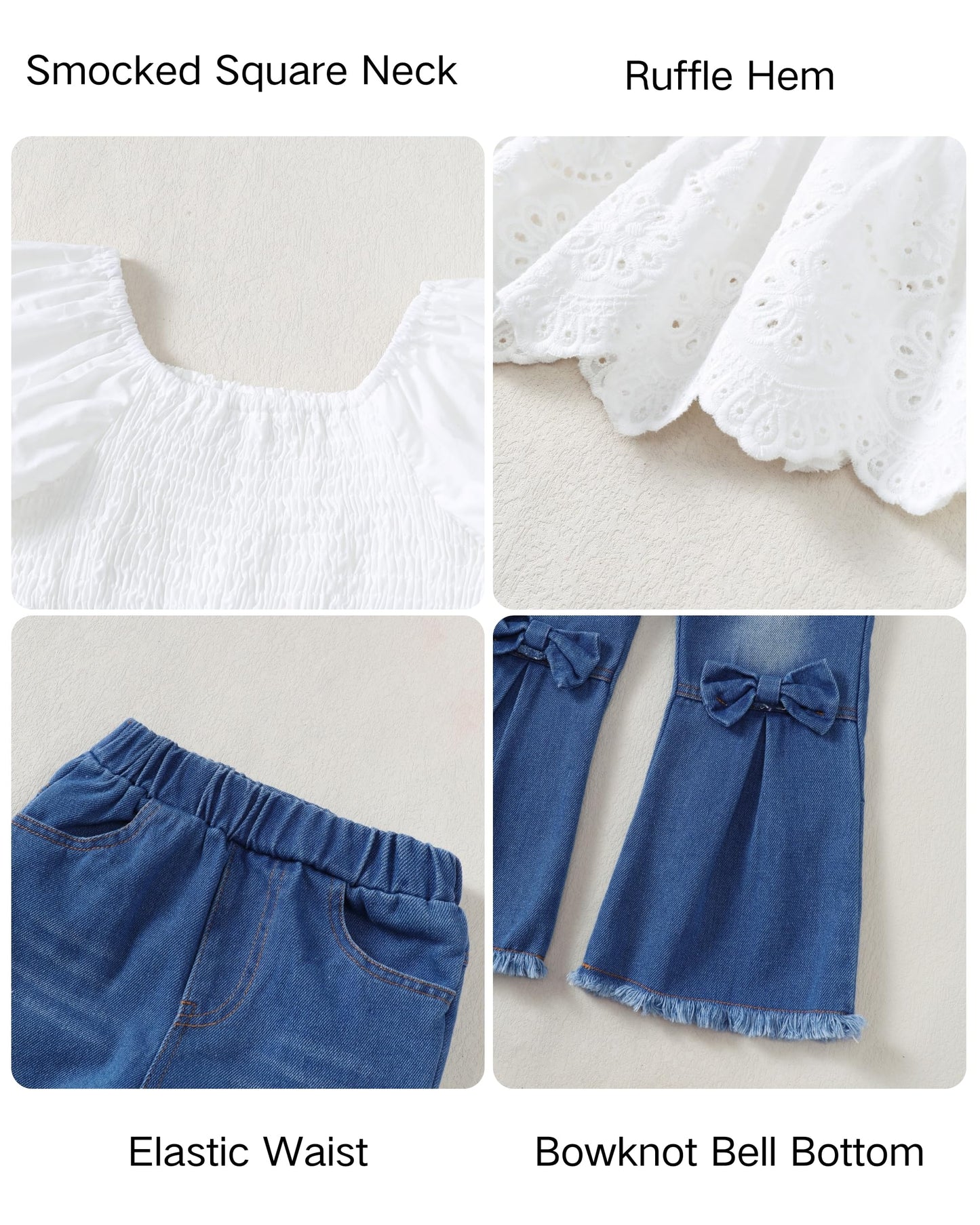 XUANHAO Toddler Girl Clothes Summer Smocked Shirts Tops Denim Bell Bottom Jeans Pants Outfits Kids Girl's Clothing Sets
