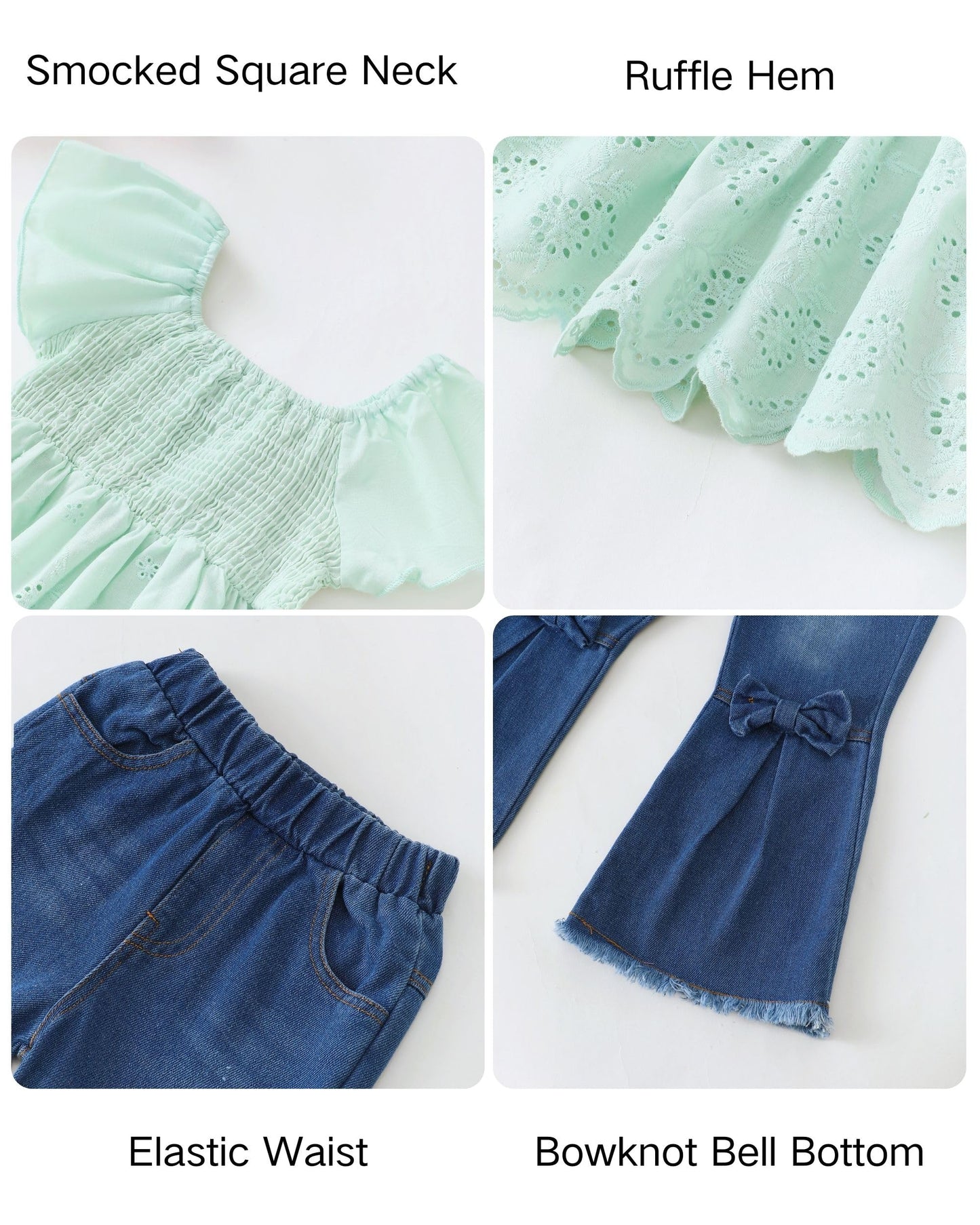 XUANHAO Toddler Girl Clothes Summer Smocked Shirts Tops Denim Bell Bottom Jeans Pants Outfits Kids Girl's Clothing Sets