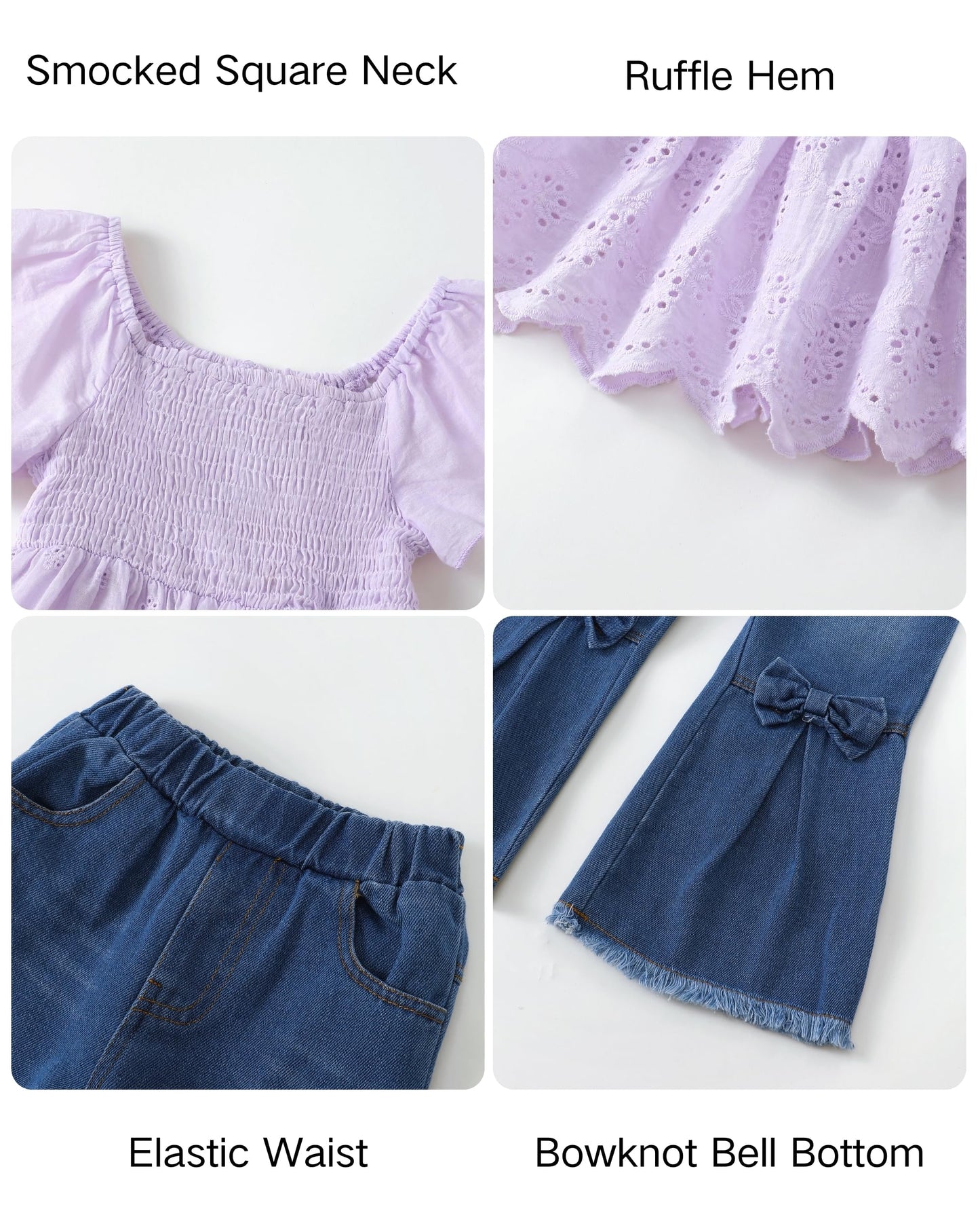 XUANHAO Toddler Girl Clothes Summer Smocked Shirts Tops Denim Bell Bottom Jeans Pants Outfits Kids Girl's Clothing Sets