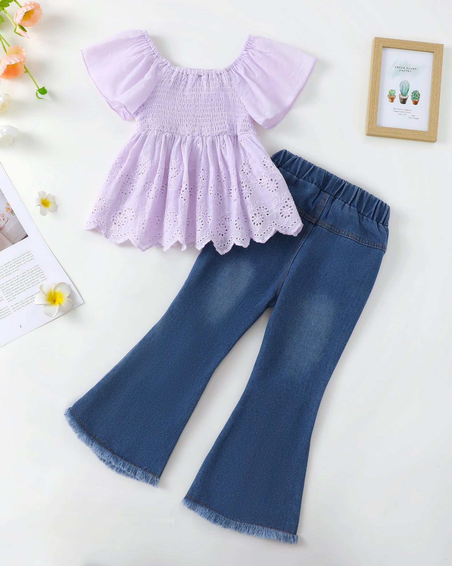 XUANHAO Toddler Girl Clothes Summer Smocked Shirts Tops Denim Bell Bottom Jeans Pants Outfits Kids Girl's Clothing Sets