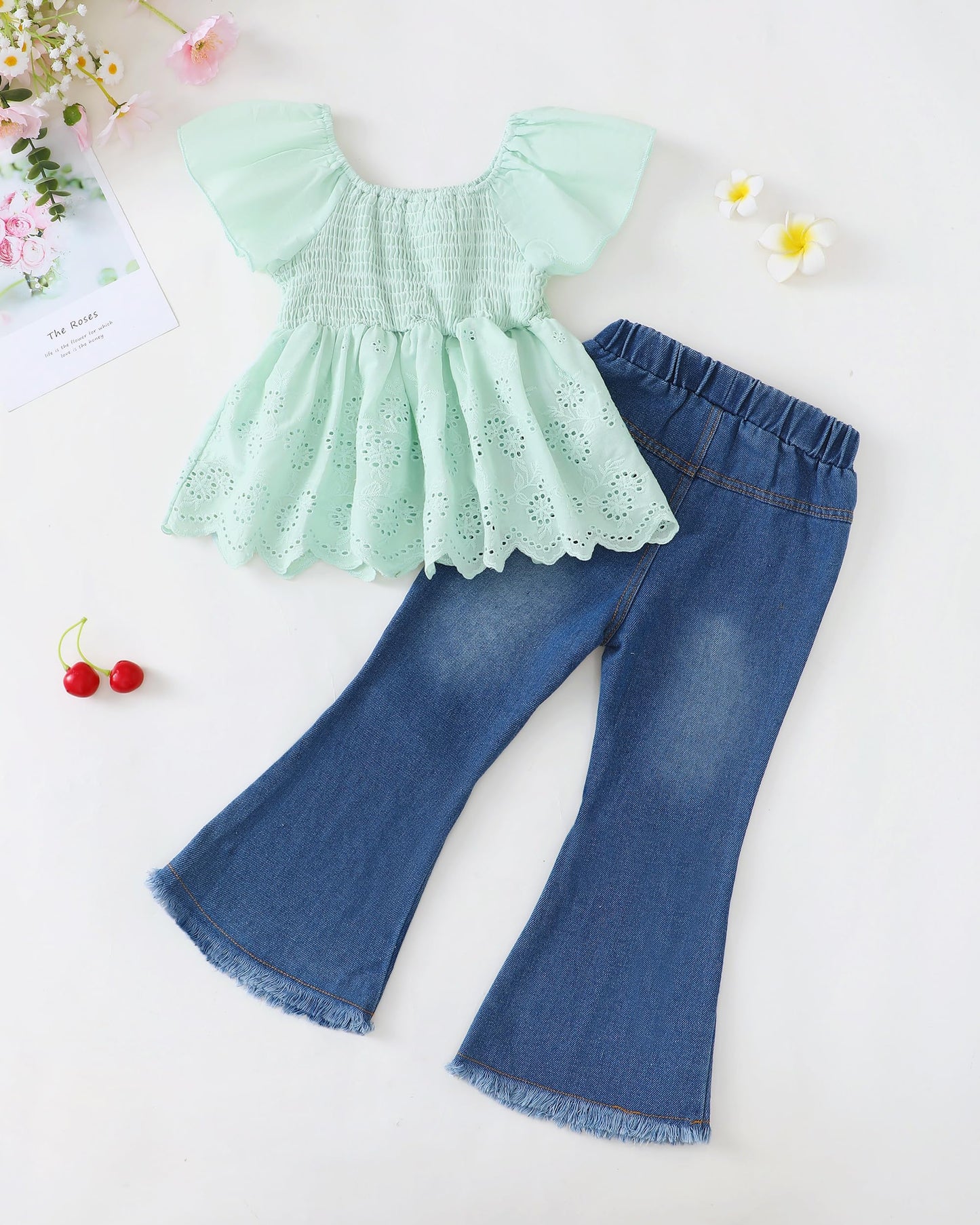 XUANHAO Toddler Girl Clothes Summer Smocked Shirts Tops Denim Bell Bottom Jeans Pants Outfits Kids Girl's Clothing Sets
