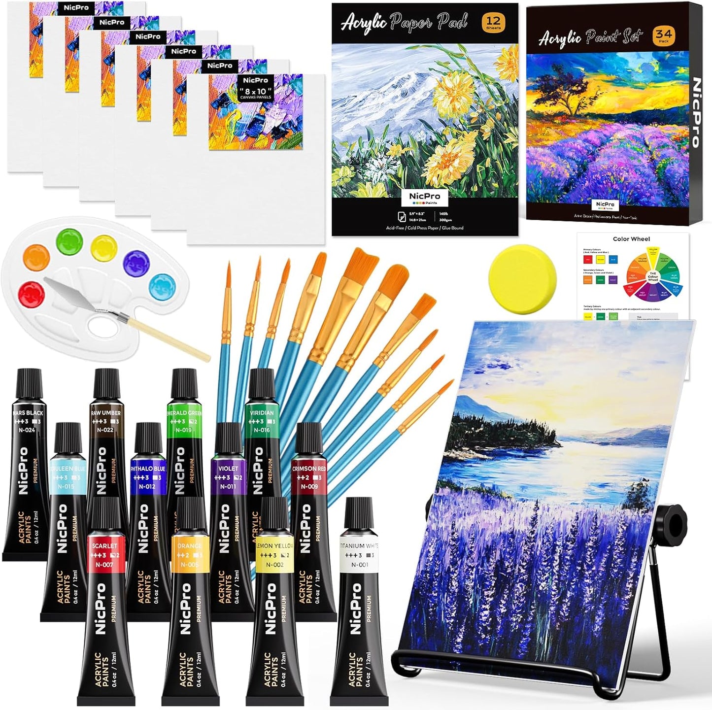 Nicpro Acrylic Paint Canvas Set for Adult & Kid, 34PCS Art Painting Supplies Kit,12 Colors Acrylic Paint,Table Easel,6 Canvas Panels,10 Brushes,Paper Pad,Sponge,Color Wheel,Palette for Artist Beginner