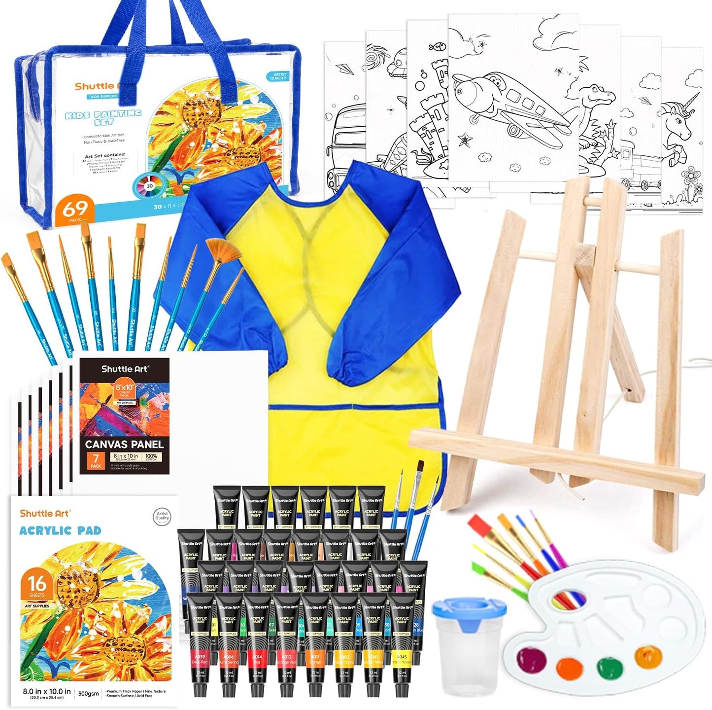 69 Pack Kids Paint Set, Shuttle Art Art Set for Kids with 30 Colors Acrylic Paint, Wood Easel, Canvas, Painting Pad, Brushes, Palette and Smock, Complete Paint Set for Boys and Girls(Package May Very)