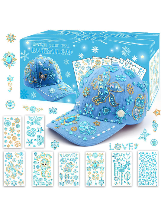 Decorate Your Own Baseball Cap, Birthday Gifts for Girls 6-12 DIY Arts and Crafts Kits for Girls Ages 8-12 Blue Baseball Cap for Girls with 8 Sheets Gems Stickers