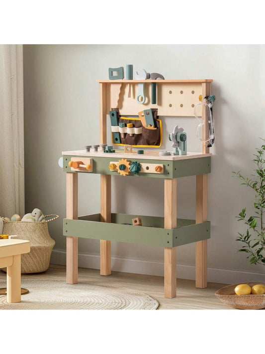 Robotime Robud Wooden Kids Tool Bench, Toddler Tool Bench - Toy Play Workbench Workshop with Tool Belt, Play Tools Set, Drawing Paper for Construction Play, Perfect for Kids Ages 3-5