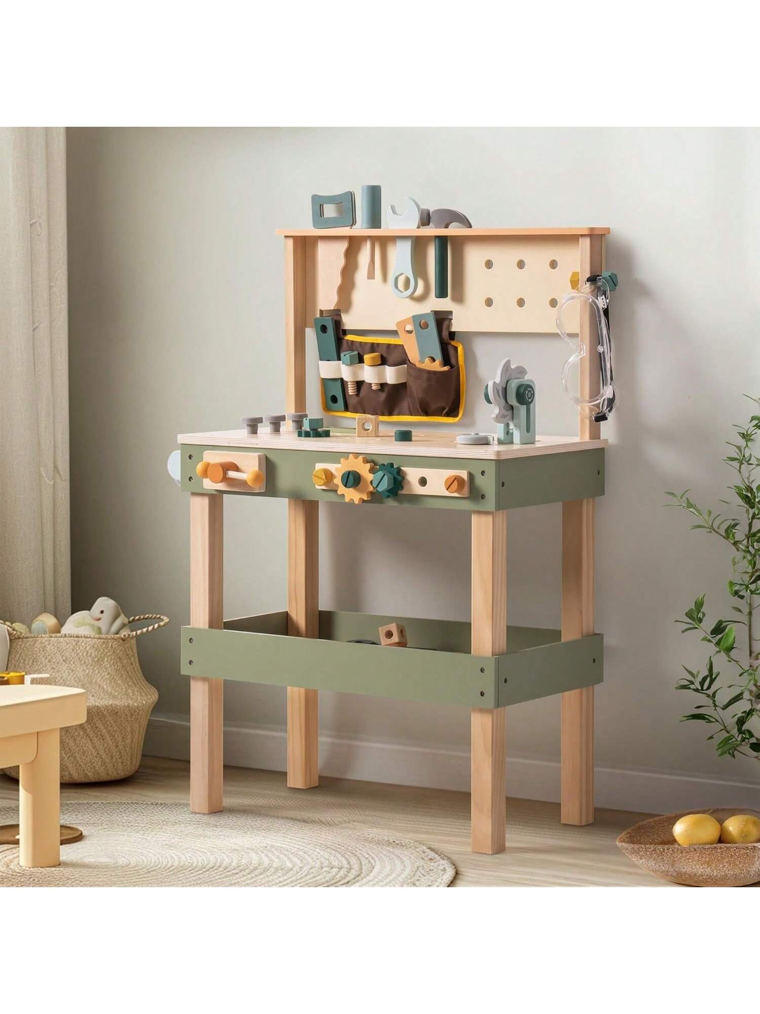 Robotime Robud Wooden Kids Tool Bench, Toddler Tool Bench - Toy Play Workbench Workshop with Tool Belt, Play Tools Set, Drawing Paper for Construction Play, Perfect for Kids Ages 3-5