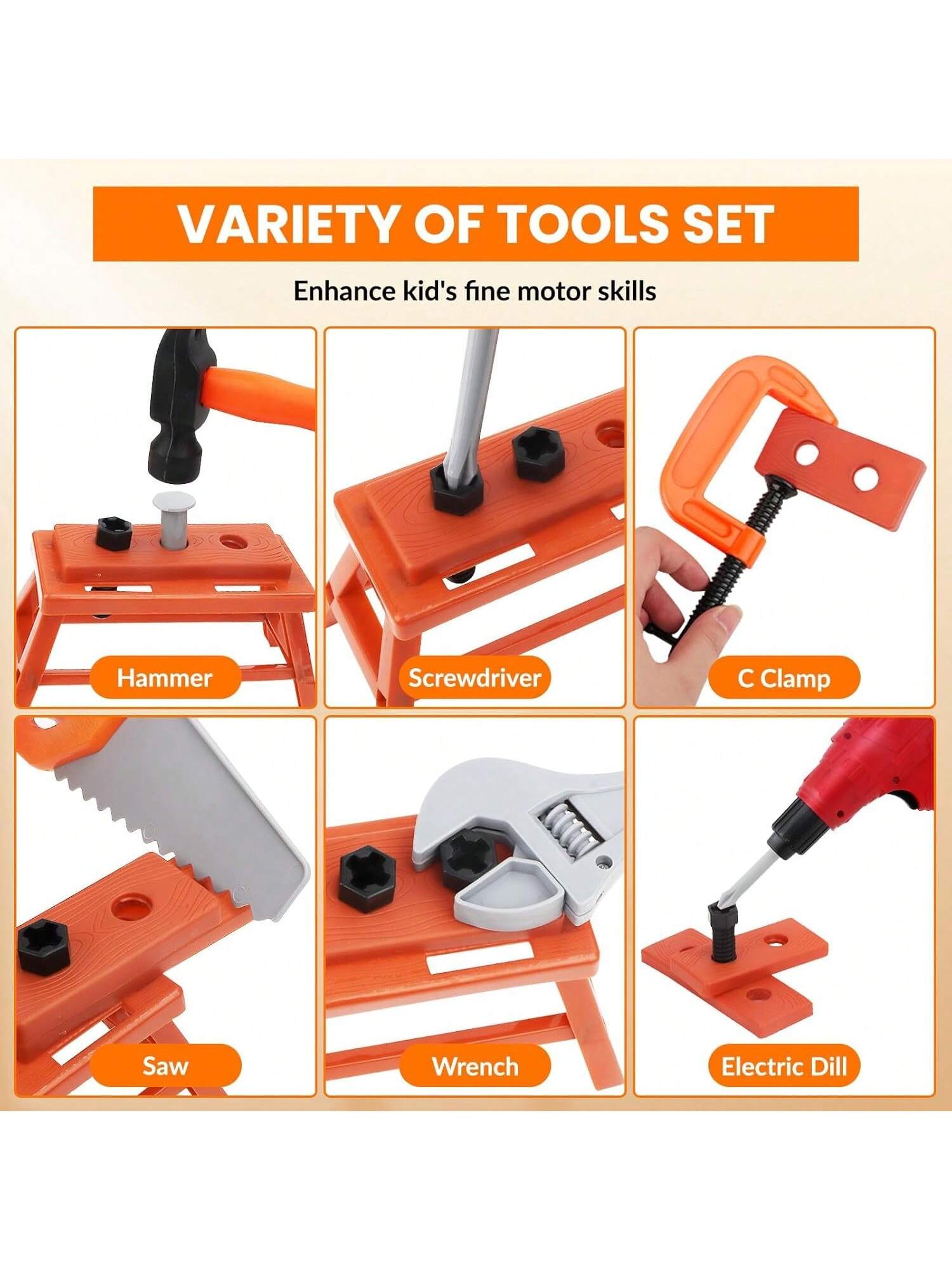Tool Set Toy for Kids 39/42 PCS Pretend Play Toddler Construction Toy, Includes Safety Vest Hat, Toy Wrench, Drill, Hammer, Screwdriver, Screw Set, Gift for 2 -13 Years Old Boys Girls