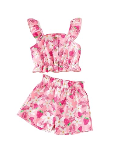 Kids Toddler Girls Summer Clothes Button Design Striped Tank Top + Floral-Print Elastic Shorts 2 Piece