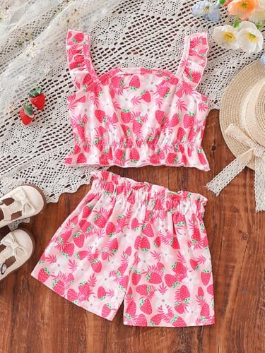 Kids Toddler Girls Summer Clothes Button Design Striped Tank Top + Floral-Print Elastic Shorts 2 Piece