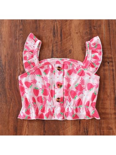 Kids Toddler Girls Summer Clothes Button Design Striped Tank Top + Floral-Print Elastic Shorts 2 Piece
