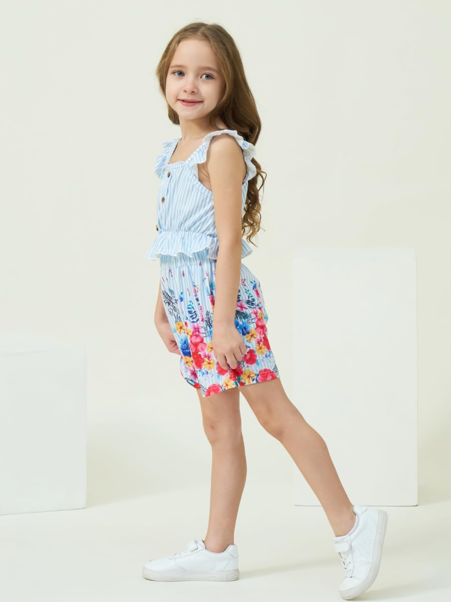 Kids Toddler Girls Summer Clothes Button Design Striped Tank Top + Floral-Print Elastic Shorts 2 Piece