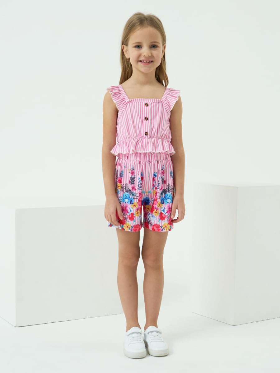 Kids Toddler Girls Summer Clothes Button Design Striped Tank Top + Floral-Print Elastic Shorts 2 Piece