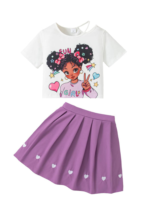 Girls 2 Piece Outfits Print Short Sleeve Top and Pleated Skirt Girls Trendy Clothing Set