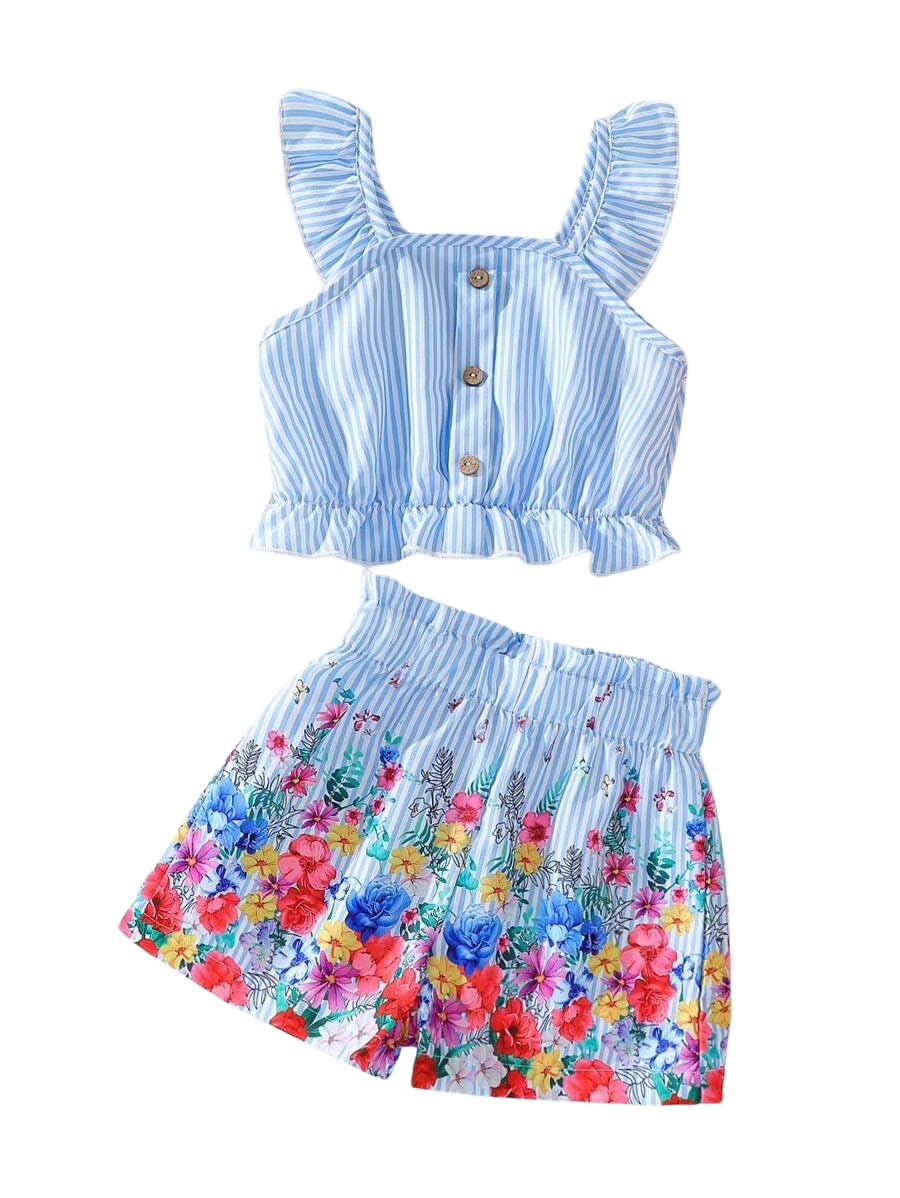 Kids Toddler Girls Summer Clothes Button Design Striped Tank Top + Floral-Print Elastic Shorts 2 Piece