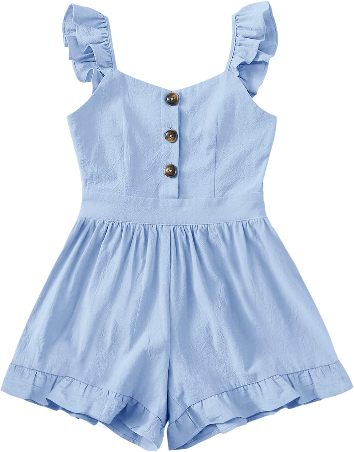 Valphsio Girls Solid Sling Jumpsuits Rompers Flutter Sleeve Button Shorts Overall