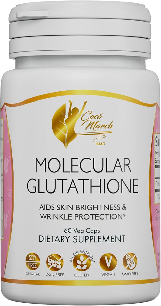 Coco March Molecular Glutathione - Potent Skin Antioxidant, Low Molecular Weight, Gluten Free, Soy Free, Dairy Free, Vegan, GMO Free, 500 mg Per Serving, 60 Veg Caps - 60 Servings (1)