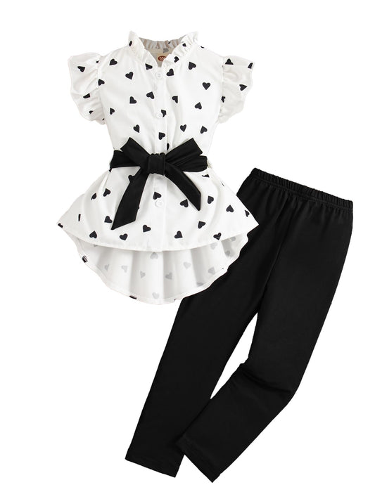 Toddler Girl Clothes Ruffle Trim Short Sleeve Love Polka Dots Button Shirt with Belt and Leggings Outfits Sets