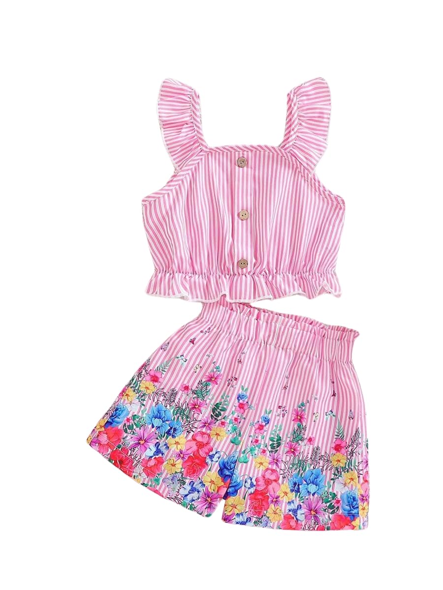 Kids Toddler Girls Summer Clothes Button Design Striped Tank Top + Floral-Print Elastic Shorts 2 Piece