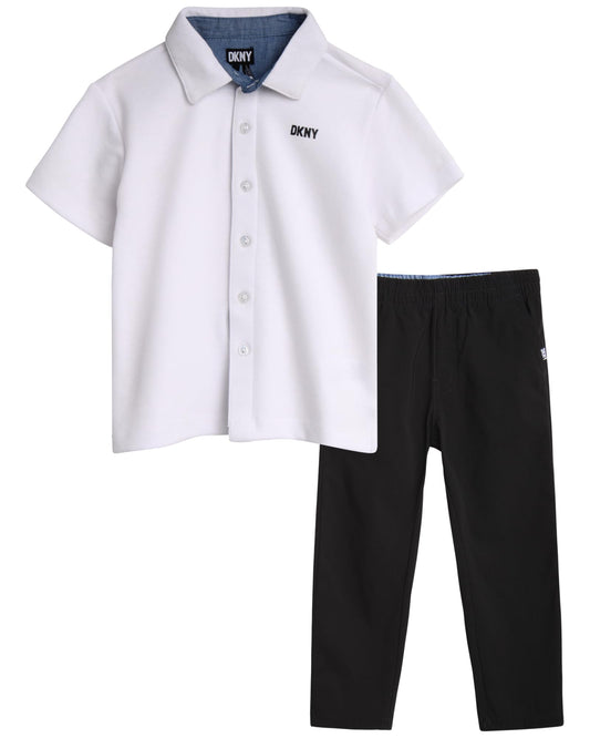 DKNY Boys' Pants Set - 2 Piece Short Sleeve Button Down Shirt and Tech Pants - Summer Outfit Set for Toddler Boys (2T-7)