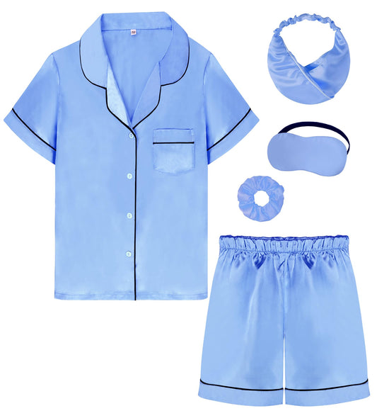 Kids Girl Pajama Set with Headband Blindfold Hair Tie Toddler Boy Girl Satin Silky Button-up Pajama Sleepwear