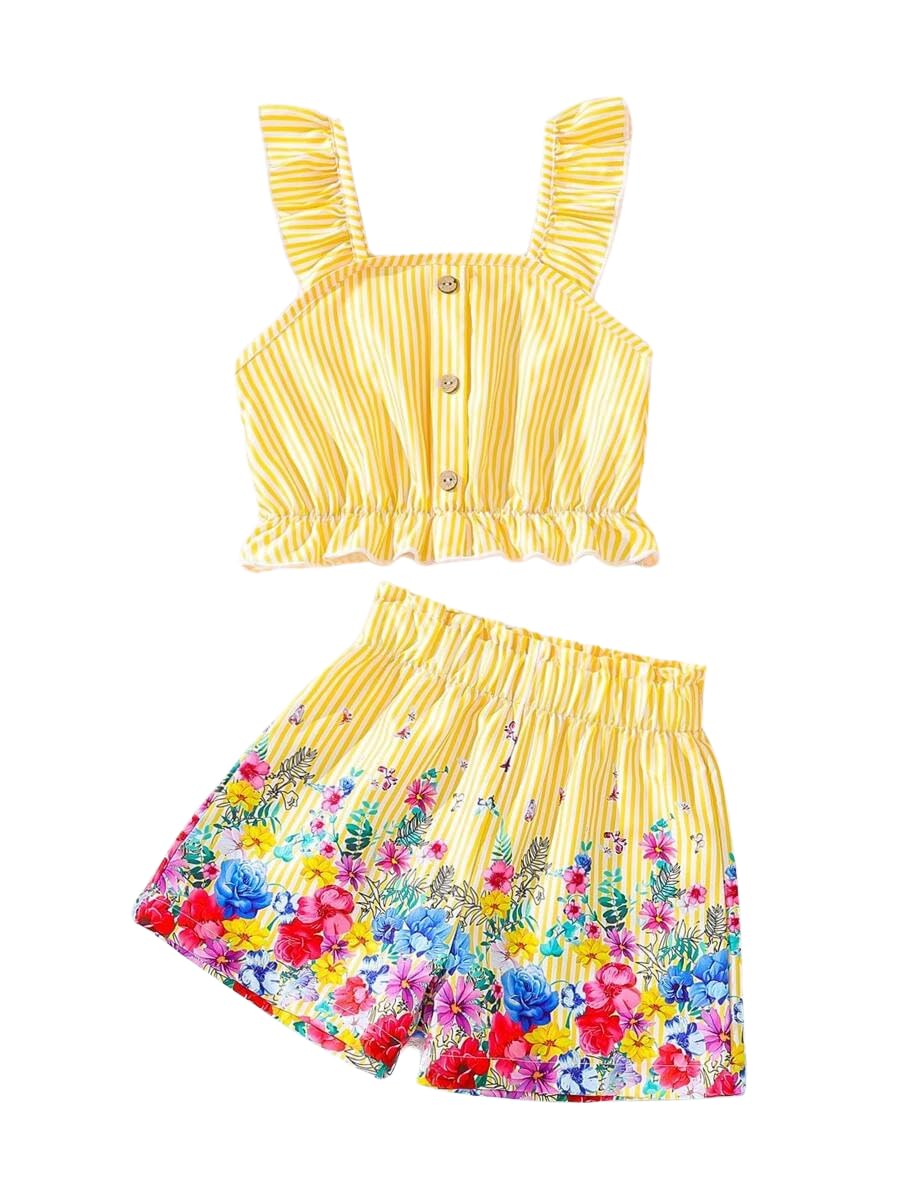 Kids Toddler Girls Summer Clothes Button Design Striped Tank Top + Floral-Print Elastic Shorts 2 Piece