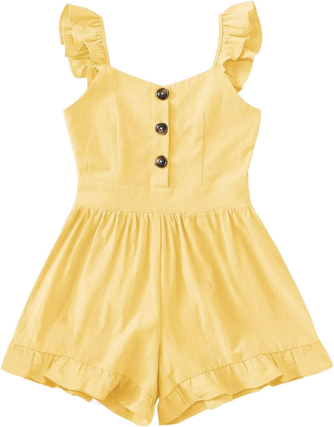 Valphsio Girls Solid Sling Jumpsuits Rompers Flutter Sleeve Button Shorts Overall