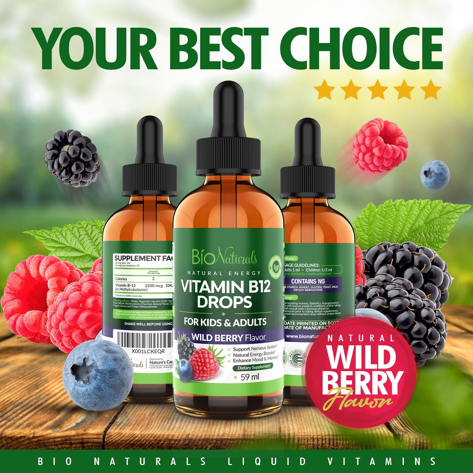 Bio Naturals Vitamin B12 Liquid Drops for Adults & Kids - 100% Natural Sublingual Methylcobalamin - Highest Absorption - Energy & Brain Booster Helps with Fatigue & Weakness - Wild Berry - 2 Fl Oz