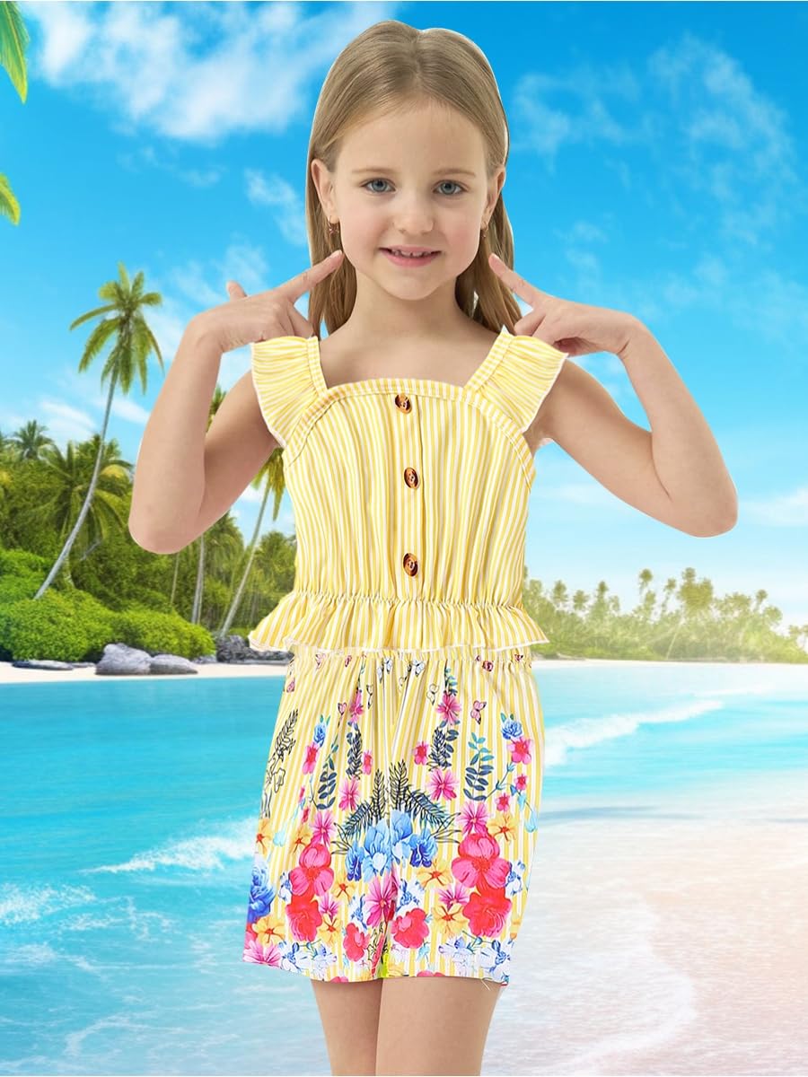 Kids Toddler Girls Summer Clothes Button Design Striped Tank Top + Floral-Print Elastic Shorts 2 Piece
