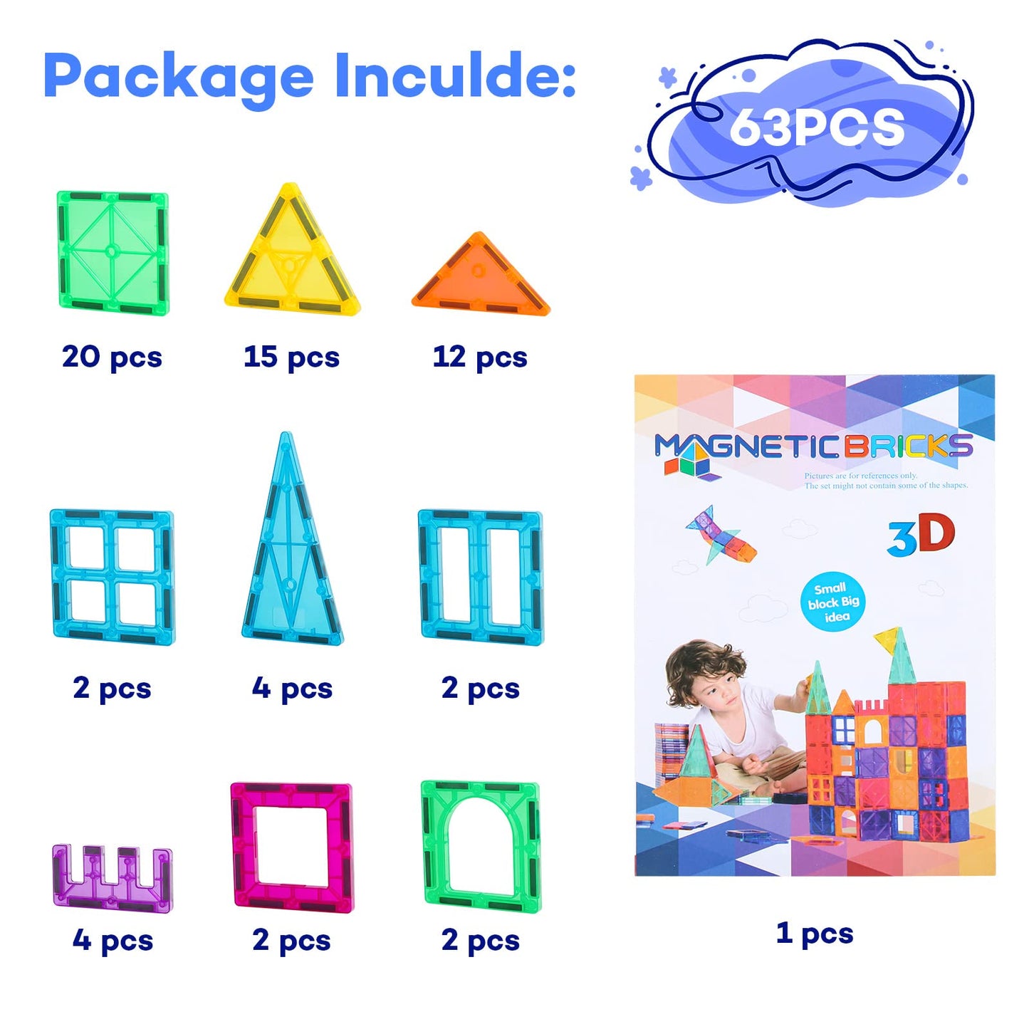 Magnetic Tiles 100PCS with 2 Cars, STEM Educational Building Blocks for Kids Ages 3-9, Magnet Construction Toys Gift for Toddlers