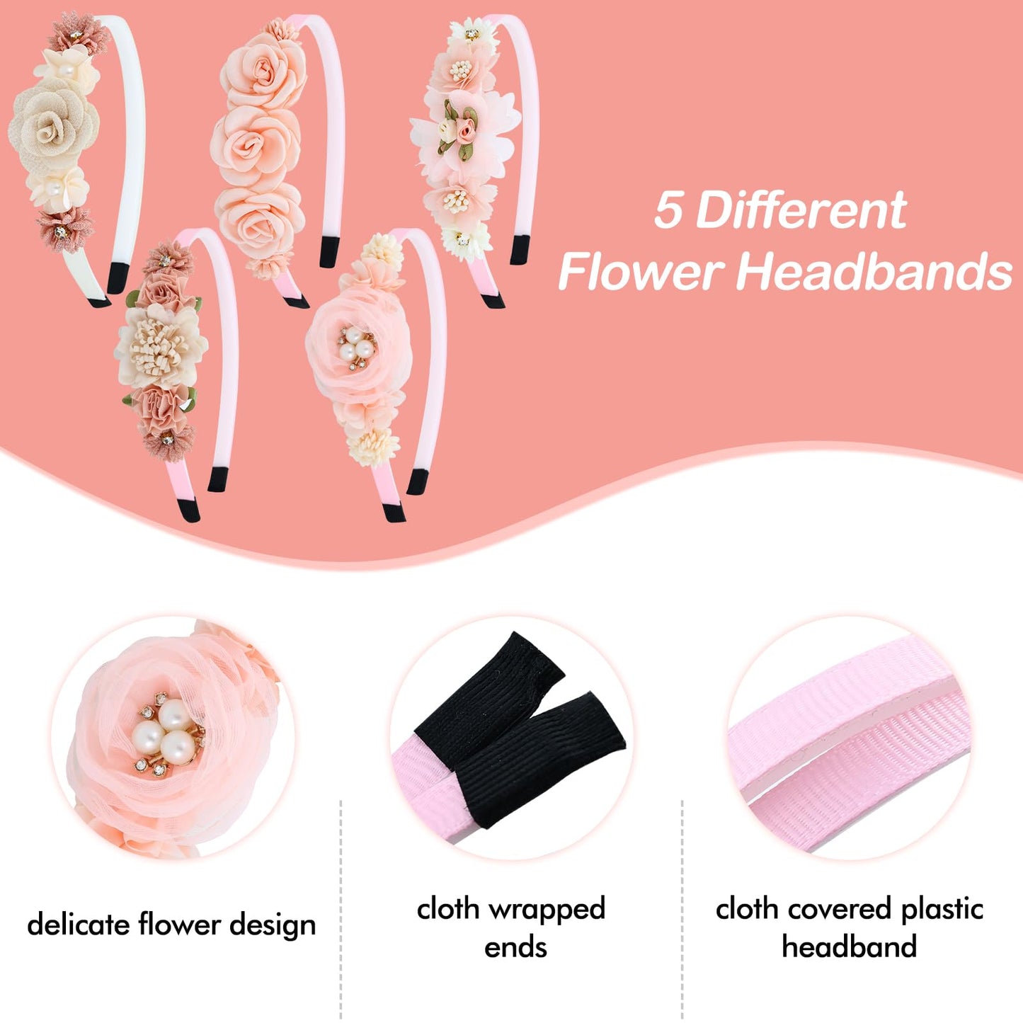 5 Pieces Beige Pink Plastic Flower Headbands Floral Hair Bands Hoops Accessories for Baby Girls Toddlers Kids Teens