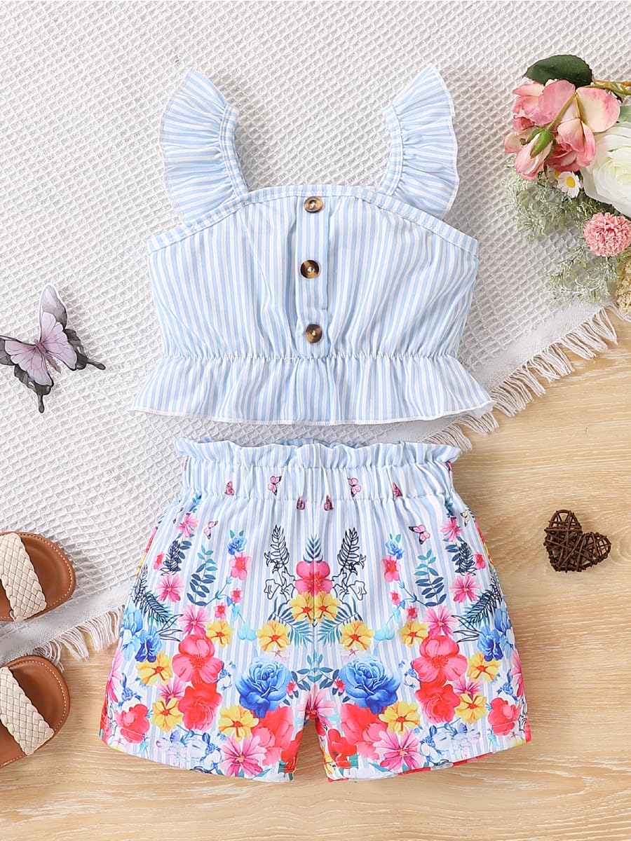 Kids Toddler Girls Summer Clothes Button Design Striped Tank Top + Floral-Print Elastic Shorts 2 Piece