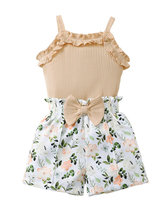 Kucnuzki Toddler Baby Girl Clothes Sleeveless Tank Tops Ruffle Halter Shirts Floral Shorts 2 Piece Set Summer Outfits