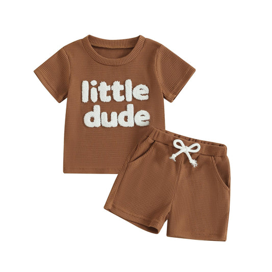 Kupretty Toddler Baby Boy Summer Clothes Embroiderey Waffle Knit Short Sleeve T-Shirt Tees + Casual Shorts Cute Clothing Set