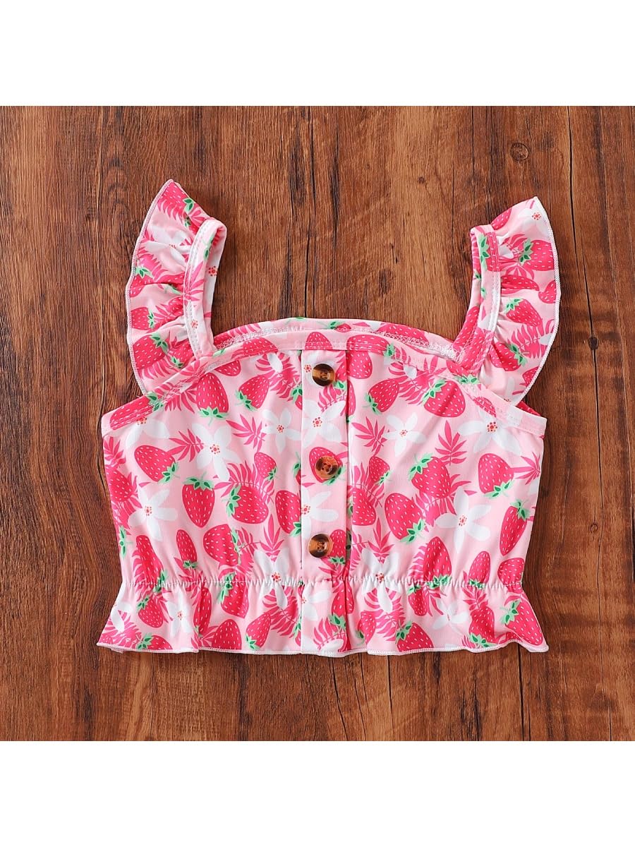 Kids Toddler Girls Summer Clothes Button Design Striped Tank Top + Floral-Print Elastic Shorts 2 Piece