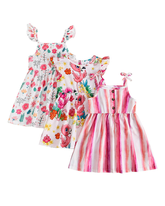 Toddler Girl Dress Little Girl Clothes Ruffle Sleeveless Multipack Floral Flamingo Striped Summer Spring Casual Dresses
