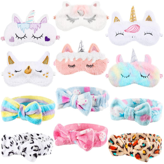 12 Pcs Sleepover Party Supplies for Girls Unicorn Rainbow Animal Plush Sleep Eye Mask Soft Spa Headband for Kids Women Overnight Spa Bachelorette Party Favors