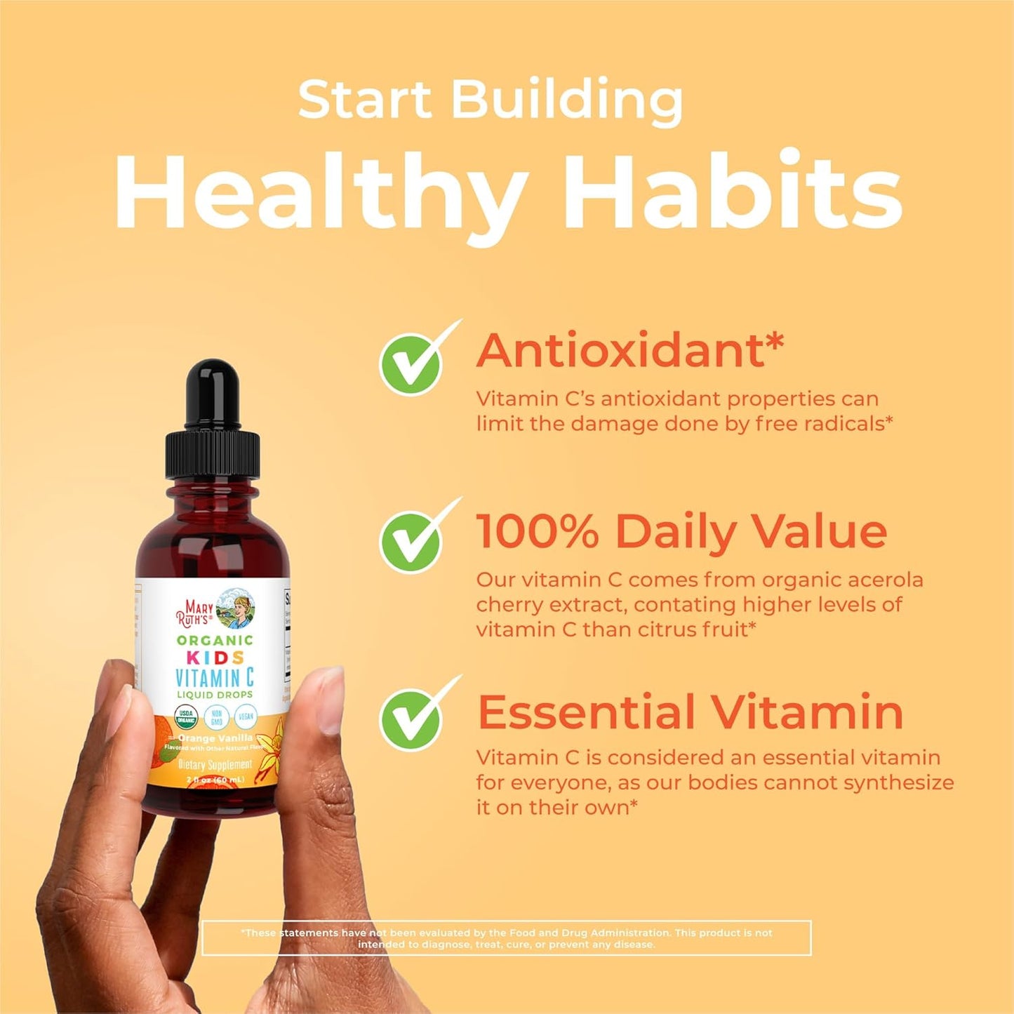 MaryRuth Organics USDA Kids Vitamin C Drops | Vegan Immune Support Supplement for Ages 4-13 | Immune Support & Overall Health | Vitamin C from Organic Acerola Fruit Extract | 2oz