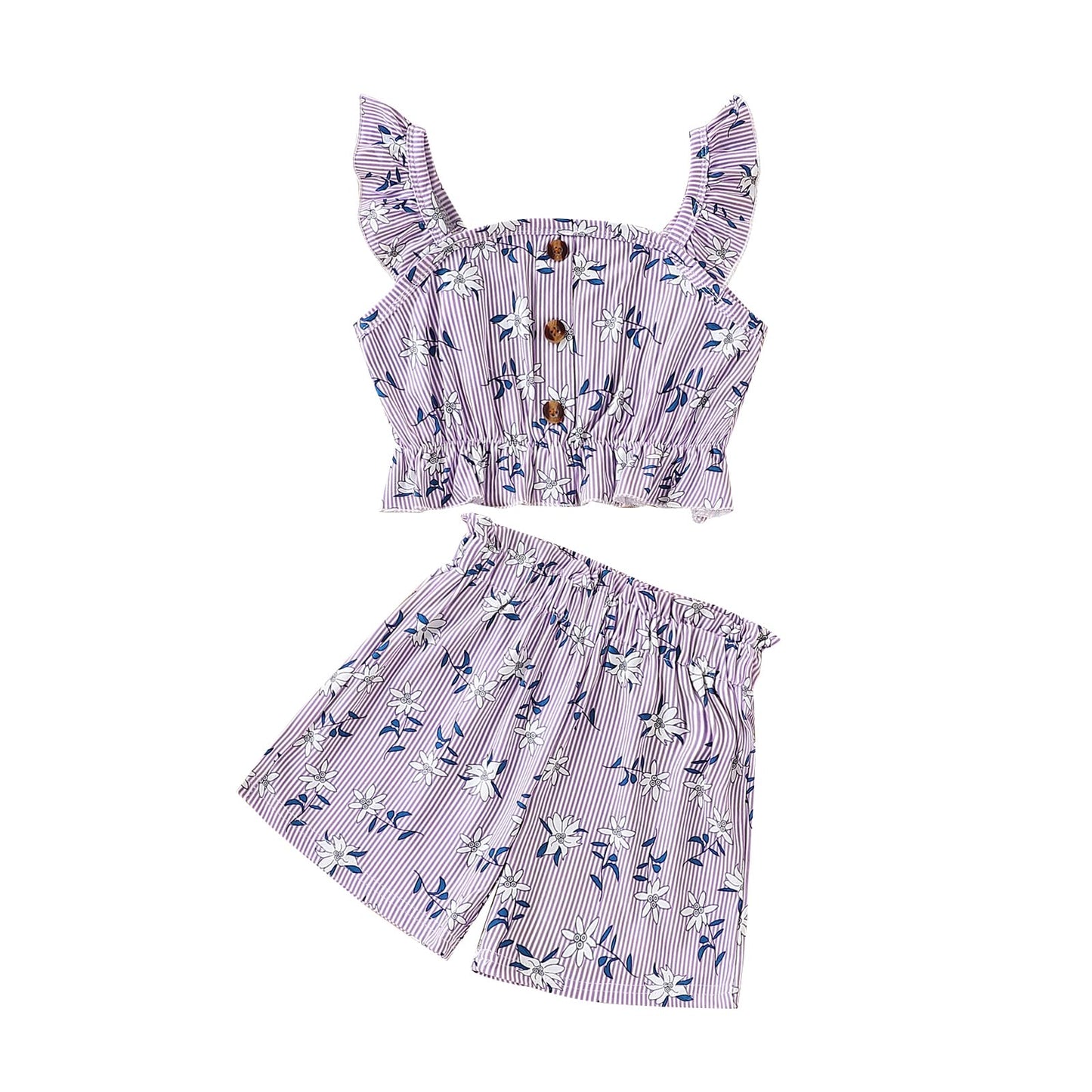 Kids Toddler Girls Summer Clothes Button Design Striped Tank Top + Floral-Print Elastic Shorts 2 Piece