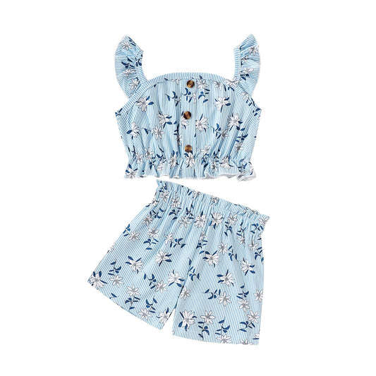Kids Toddler Girls Summer Clothes Button Design Striped Tank Top + Floral-Print Elastic Shorts 2 Piece