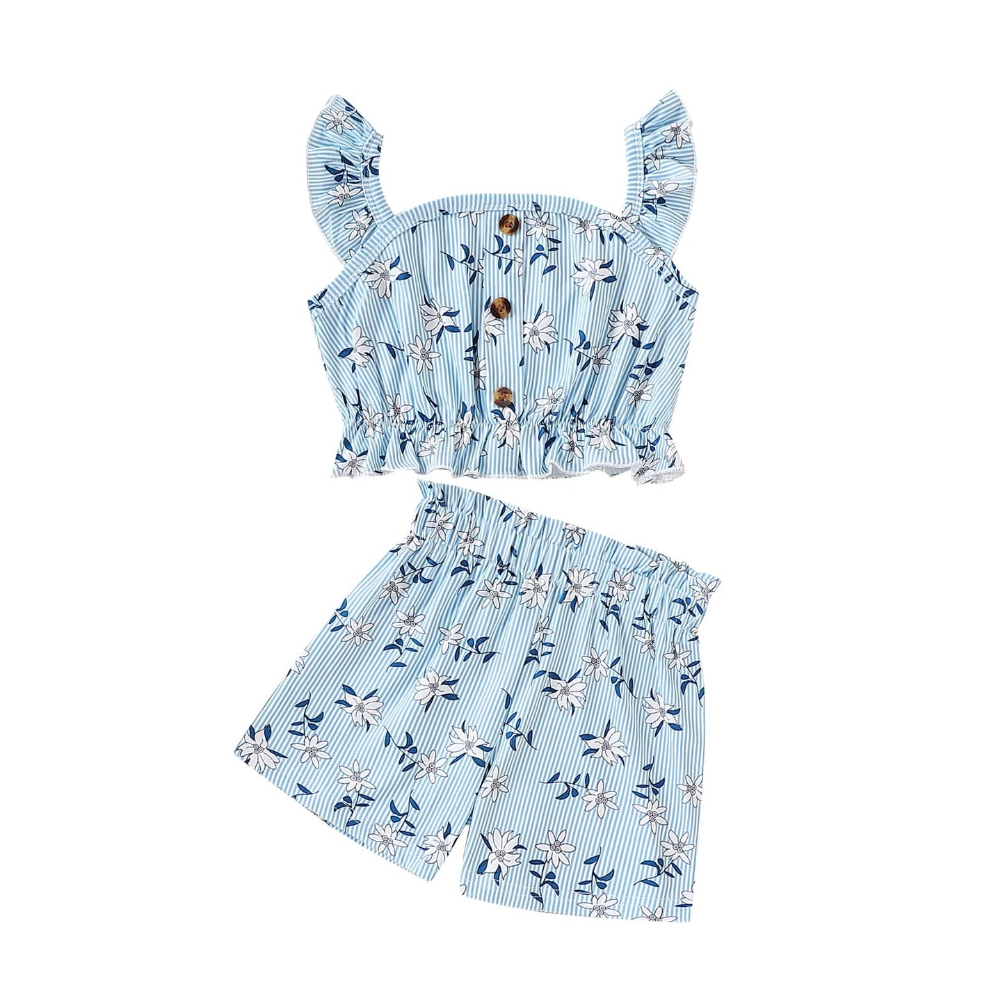 Kids Toddler Girls Summer Clothes Button Design Striped Tank Top + Floral-Print Elastic Shorts 2 Piece