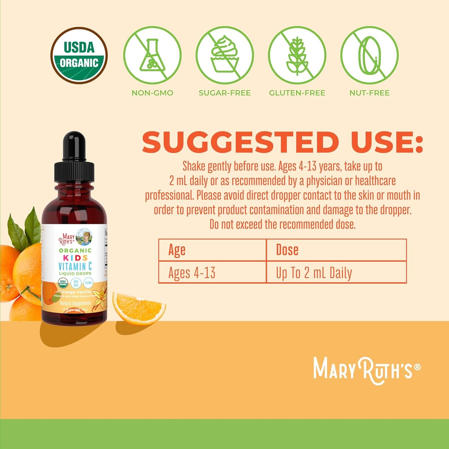 MaryRuth Organics USDA Kids Vitamin C Drops | Vegan Immune Support Supplement for Ages 4-13 | Immune Support & Overall Health | Vitamin C from Organic Acerola Fruit Extract | 2oz