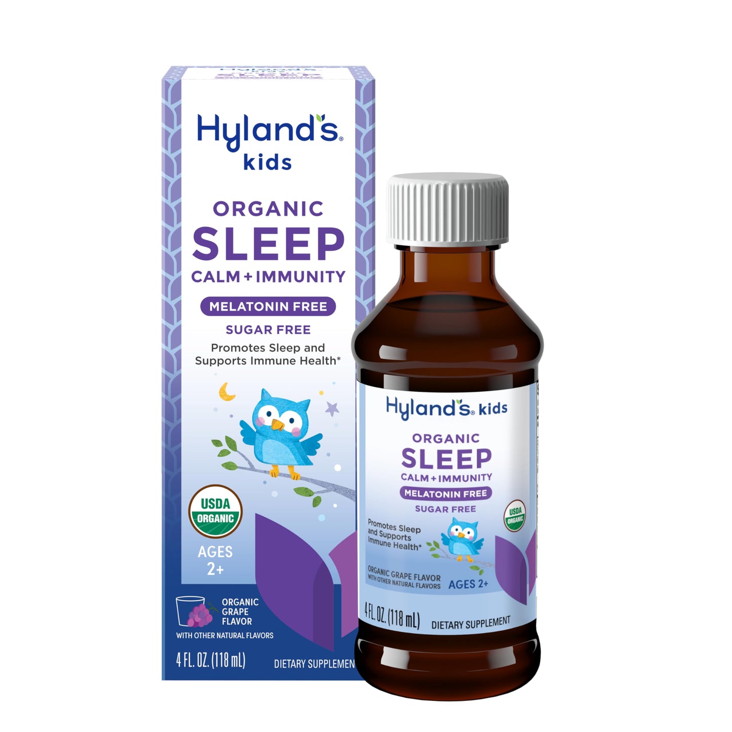 Hyland's Kids Melatonin-Free Organic Sleep Calm and Immunity Liquid, Sugar-Free, Promotes Sleep and Supports Immune Health, Ages 2 and up, Grape Flavor, 4 Fl. Oz.