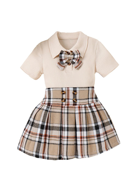 WDIRARA Toddler Girl's 2 Piece Outfit Bow Front Short Sleeve Tee and Plaid Pleated Aline Skirt Set