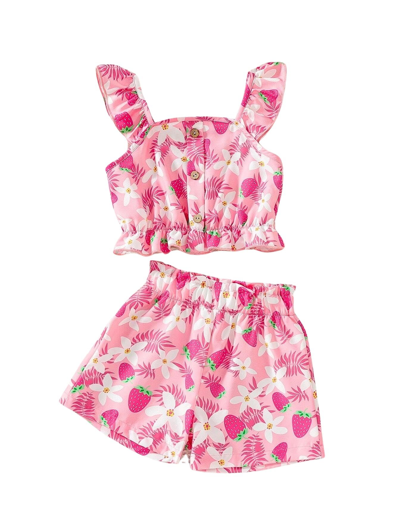 Kids Toddler Girls Summer Clothes Button Design Striped Tank Top + Floral-Print Elastic Shorts 2 Piece