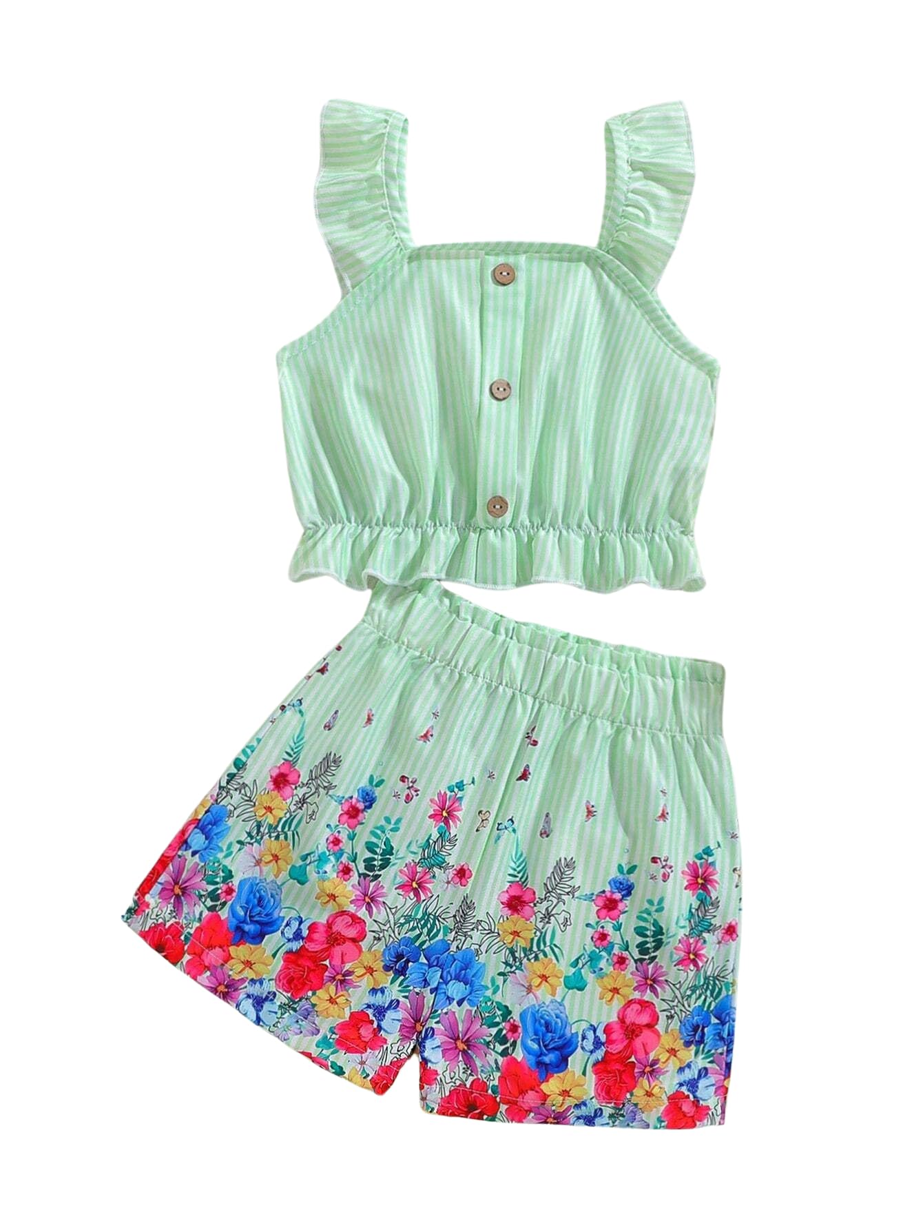 Kids Toddler Girls Summer Clothes Button Design Striped Tank Top + Floral-Print Elastic Shorts 2 Piece