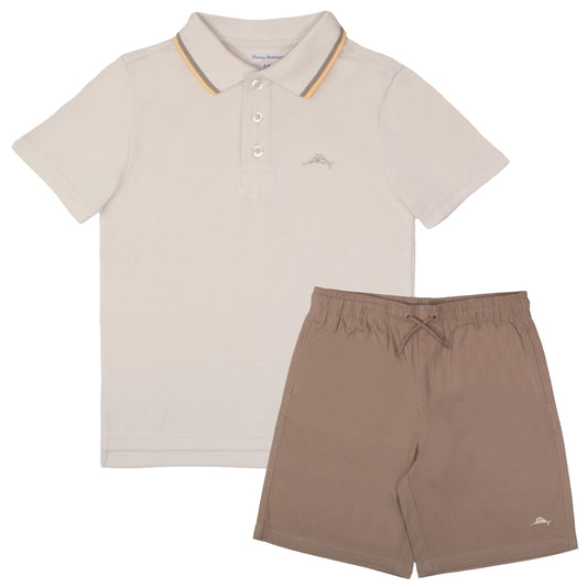 Tommy Bahama Boys Short Sleeve Classic Polo Shirt & Elastic Waist Shorts Set, Casual 2-Piece Summer Outfit for Kids