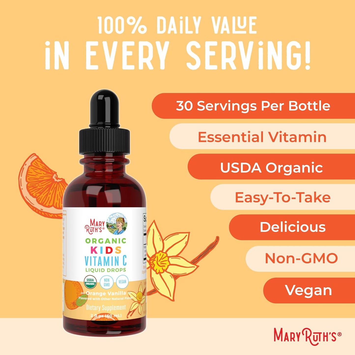 MaryRuth Organics USDA Kids Vitamin C Drops | Vegan Immune Support Supplement for Ages 4-13 | Immune Support & Overall Health | Vitamin C from Organic Acerola Fruit Extract | 2oz