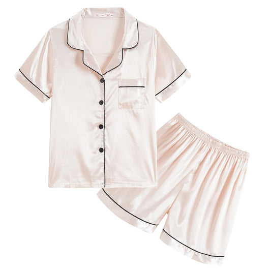 Unisex Kids Boys and Girls Pajama Sets Summer Short Sleeve With Shorts Sleepwear Silky Button Down Loungewear